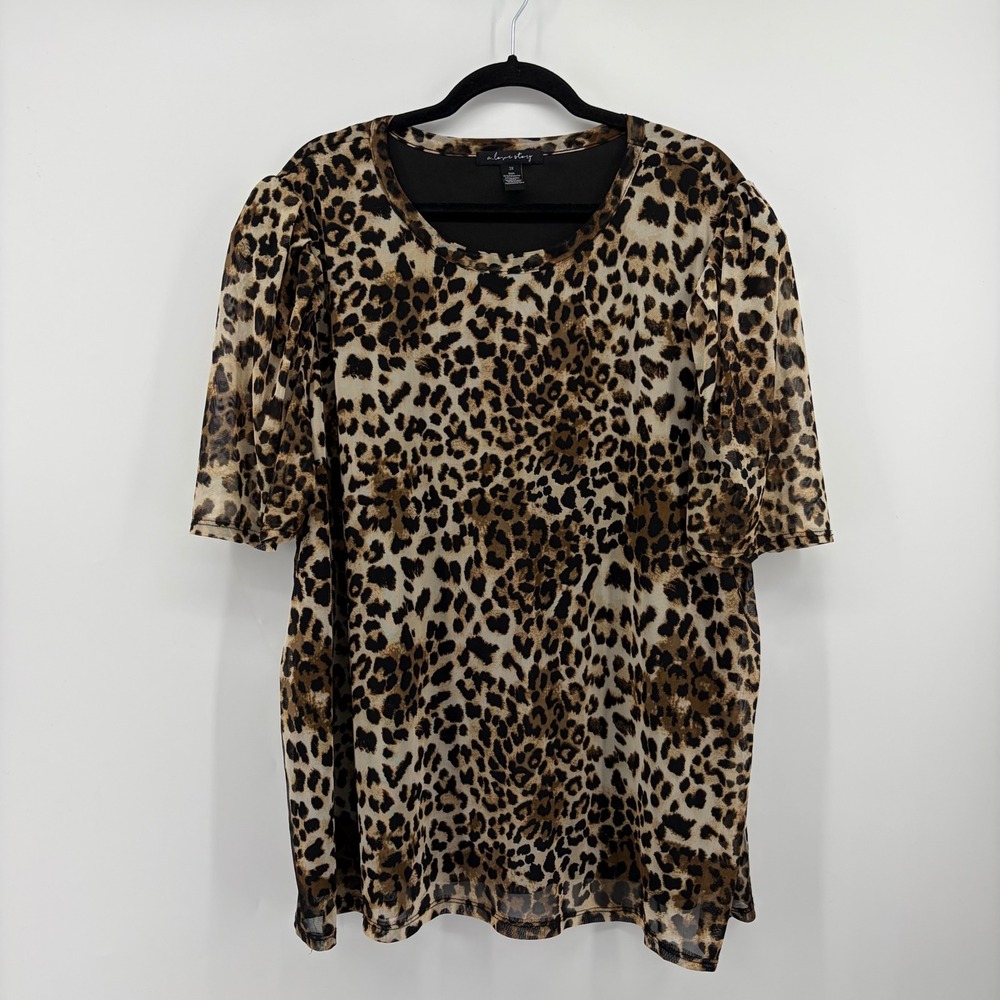 A‎ Love Story Womens 3X Leopard Print Mesh Puff Sleeve Layered Top Brown Black